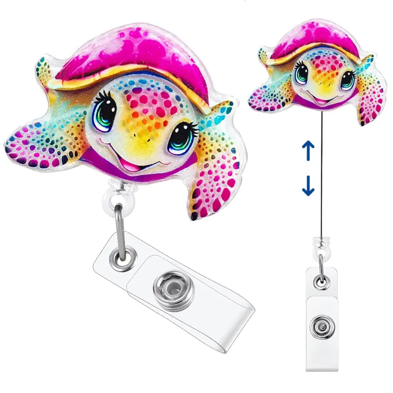 Sparkly Rainbow Colorful Turtle Retractable Badge Reel, Cute ID Clip Nurse Gift for Pediatric ER OB/GYN Night Shift Nurse Nursing Student Teacher