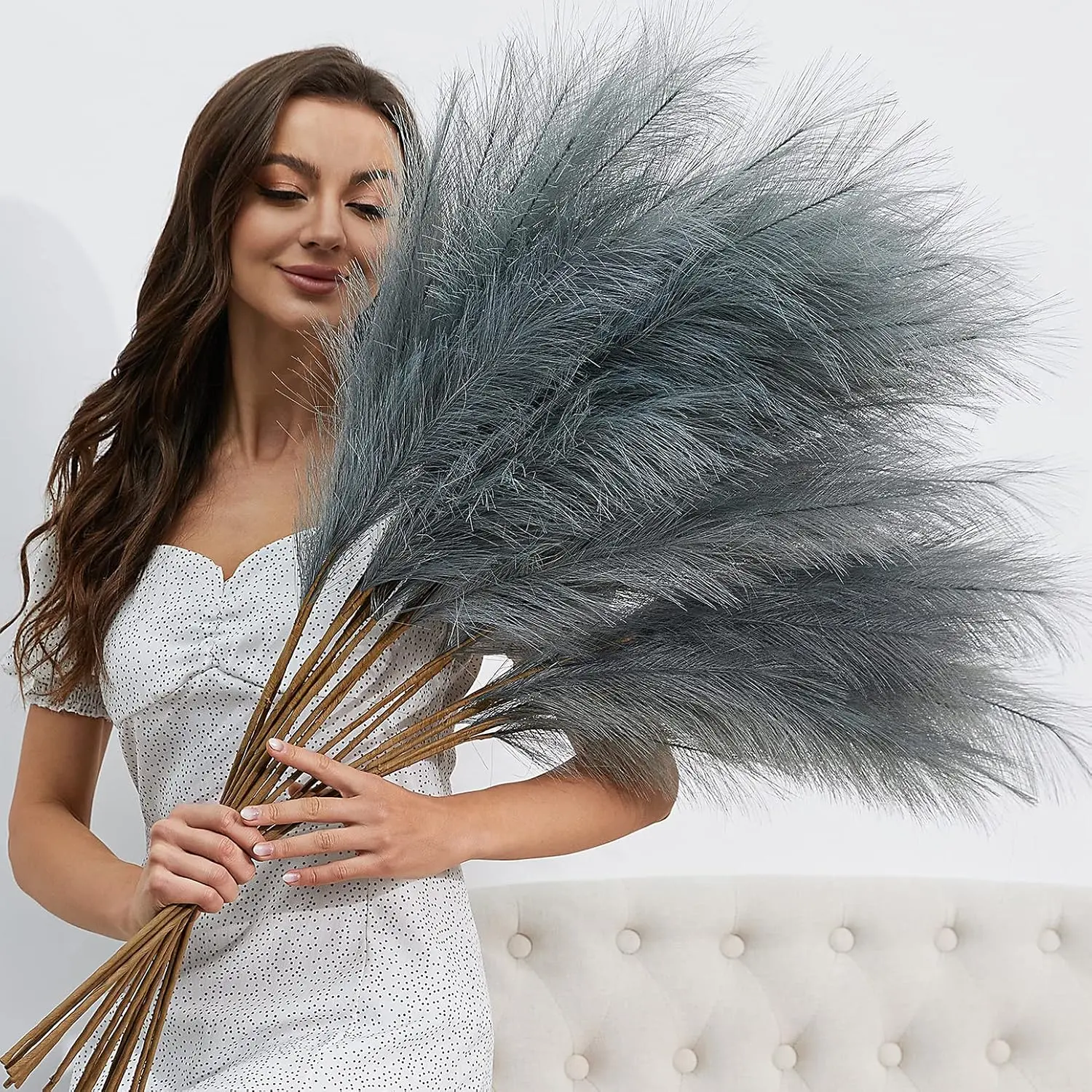 8-Count Large Grey Silk Artificial Pampas Grass Branches (38in/3.1FT), Dense Lifelike Adjustable Stems, Floor Vase Filler Plants for Boho Decor, Parties/Events Home Decor