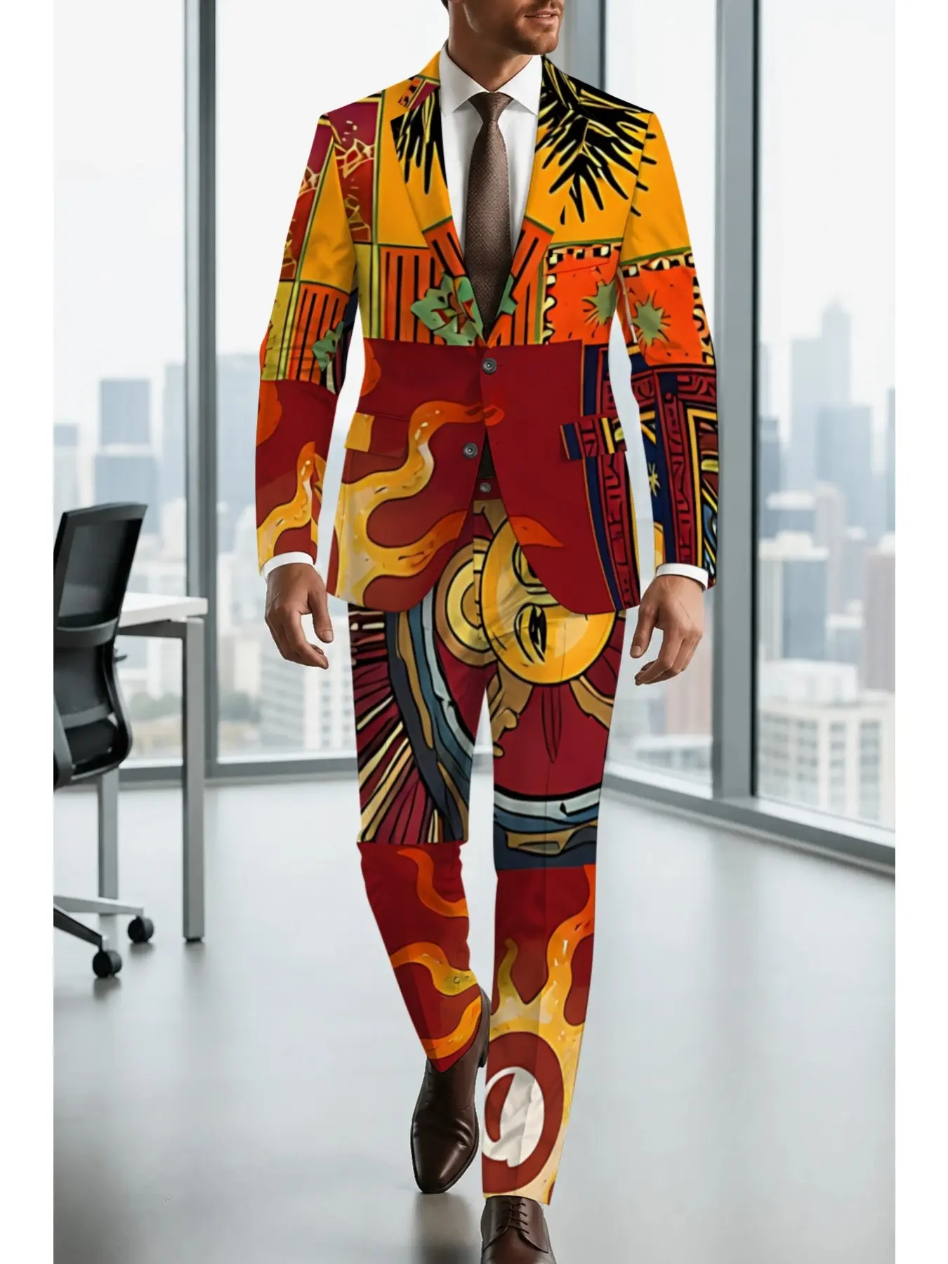 New Tribal Sun God Flame Patchwork Print Blazer Set, Tropical Pop Art Unique Print Men's Slim Fit Suit, Fall Winter Casual Wear