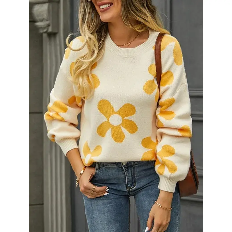 Women Floral Print Round‑Neck Long‑Sleeve Pullover Sweater Tops, Loose‑fit Cute Flower Pattern Knit Shirts, Sweet Casual Daily Outfit, Trendy Relaxed‑fit Tops For Autumn Winter Dating Shopping Outdoor Commute Street Wear