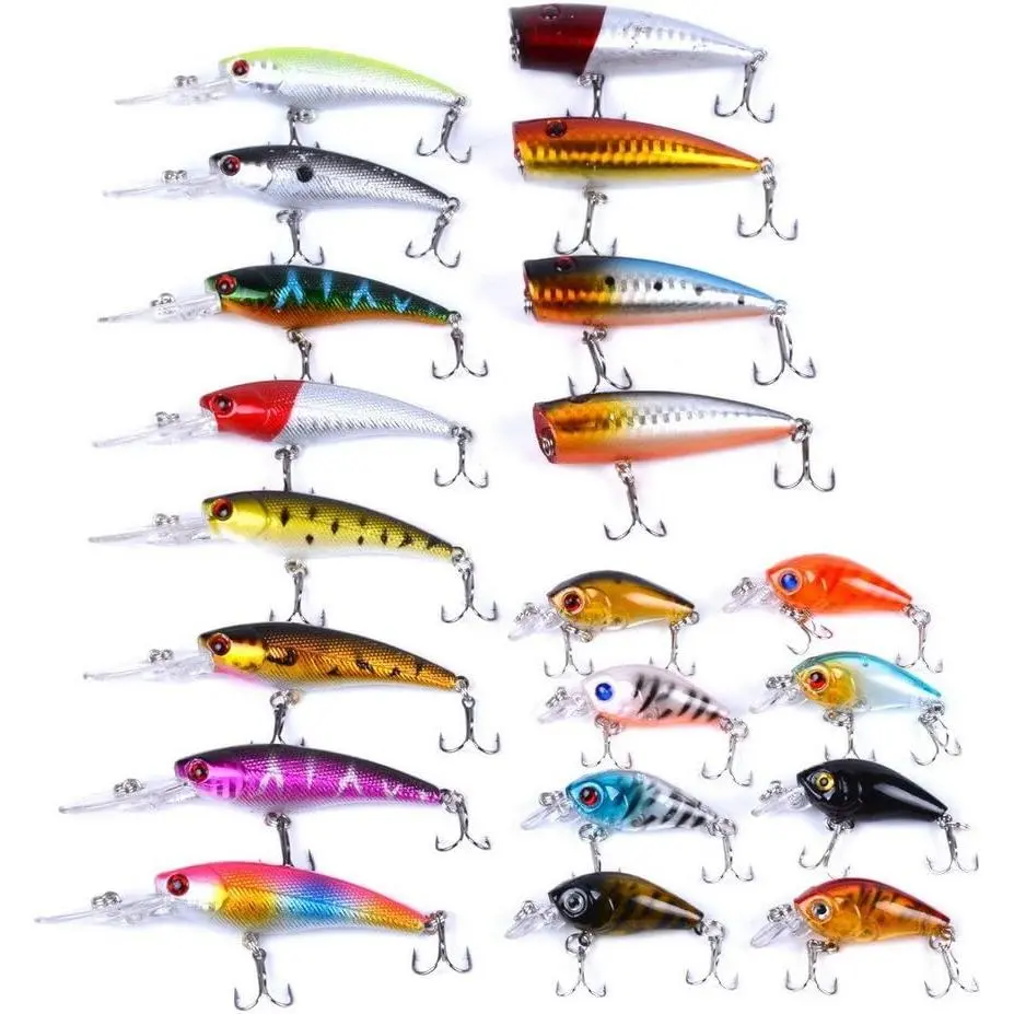 Fishing Lures Kit Set – Minnow, Popper & Crankbait Hard Baits with Hooks for Bass, Trout, Salmon Fishing in Freshwater & Saltwater, Multi Type Fishing Lure Assortment Pack
