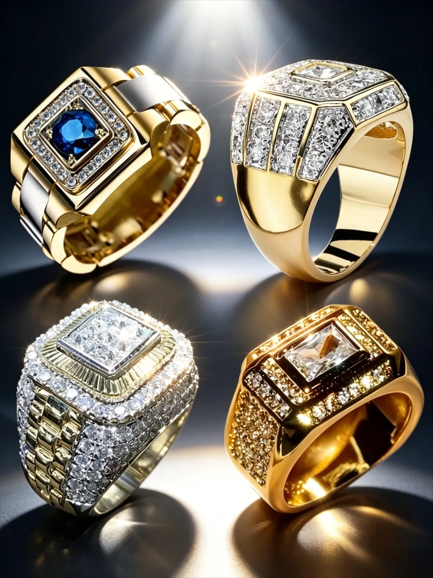 4PCS Multi Layer Pave Cubic Zirconia Band Rings, Fashion Rings, Men's Square Signet Ring Collection, Imitation Sapphire Two Tone 18K Gold Plated, Chunky Hip Hop Pinky Rings, Hypoallergenic Tarnish Free, Luxury Party