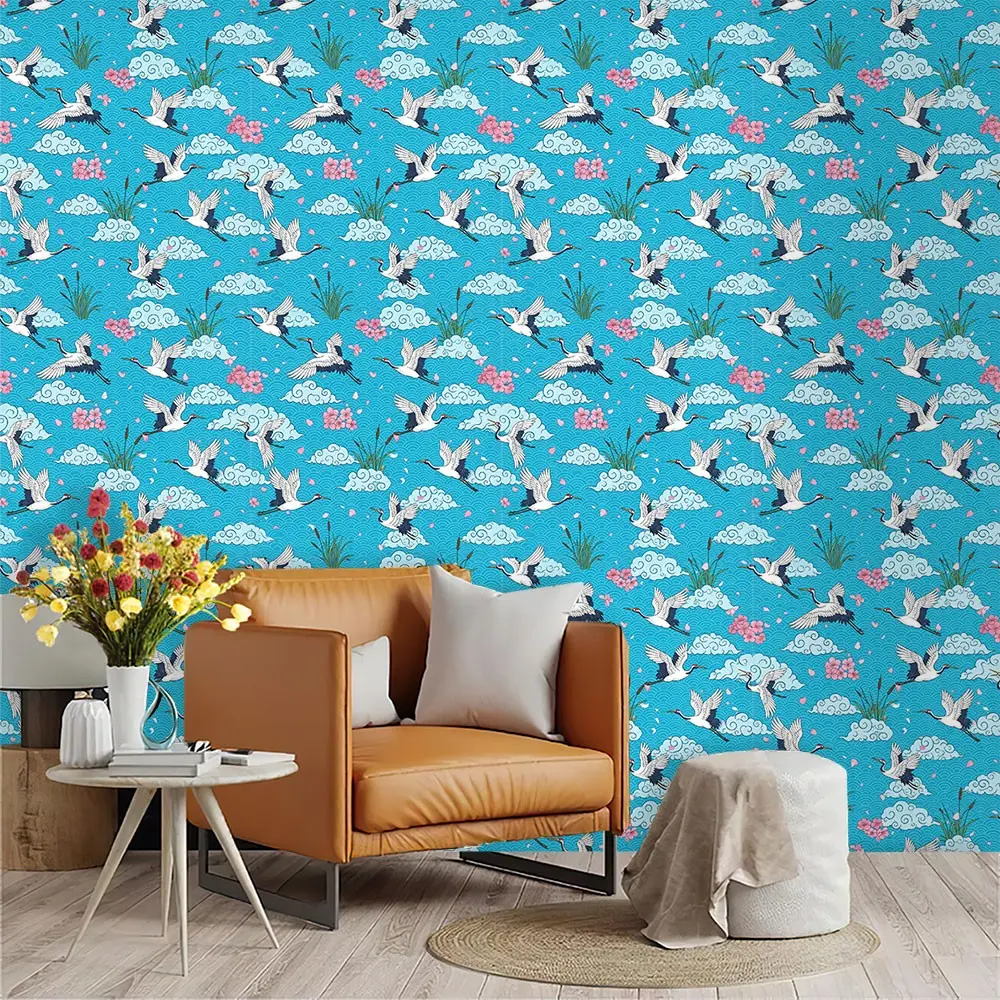 Japanese Ukiyo-E & Traditional Chinese Pattern Wallpaper, Bright Lake Blue, PVC, Self-Adhesive, Kitchen/living Room/bedroom Decor