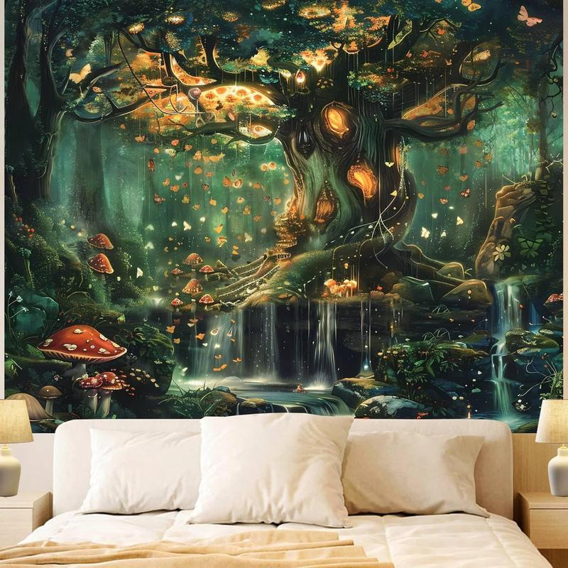 Forest Wall Tapestry for Bedroom, Nature Green Tree of Life Tapestries Wall Hanging, Fairy Tales Magical Landscape Backdrop Tapestry for Living Room Dorm Decor