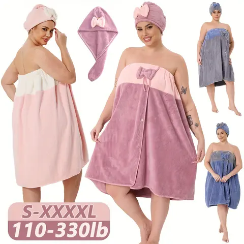 2pcs Set, 31.89*88.58inch/31.89*64.96inch S-XXXXL Adjustable, Oversized Bath Skirt + Triangular Hair Drying Cap, Bath Cloths, Two-Tone Solid Color, Suitable for Home, Travel, Steam Room, Spa, And Beach