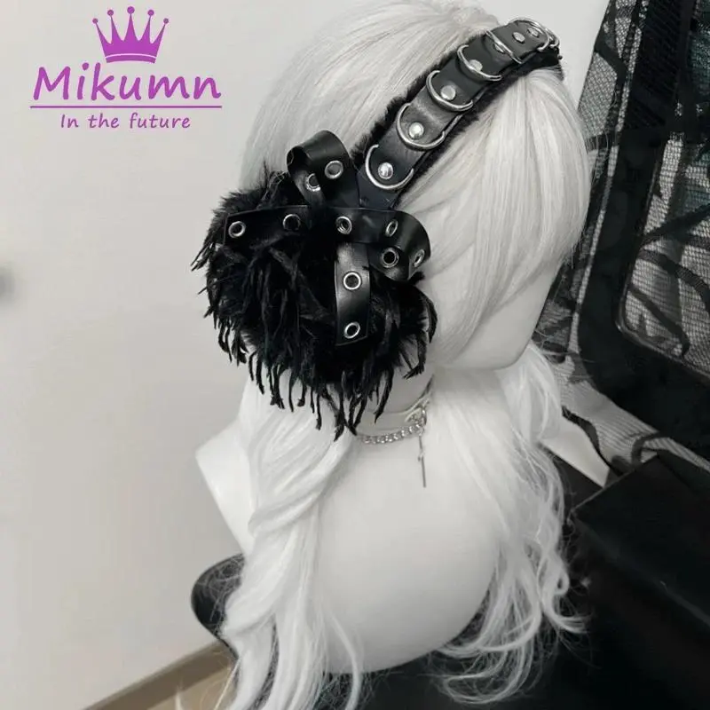 Mikumn Harajuku Women Plush Earmuffs Gothic Girls Black Furry Feather Ear Muff Punk Rivet Bow Foldable Winter Warm Earmuffs