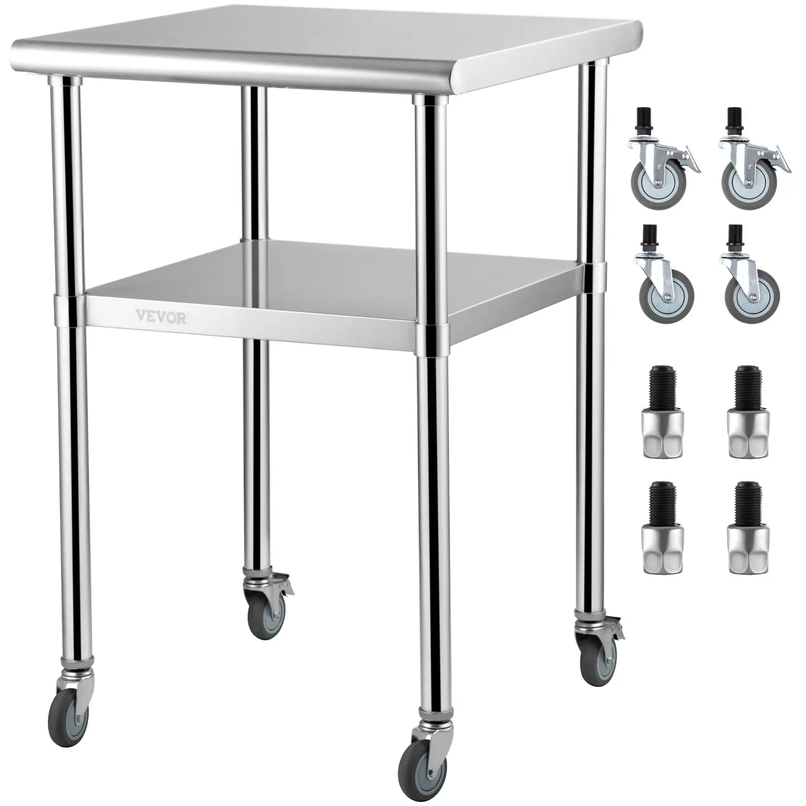 【Summerfinds】VEVOR 24x24x36in Smooth Glossy Stainless Steel Tool Countertop, Heavy-Duty Metal Food Prep Workstation for Commercial Kitchen, 600lbs Load Capacity, Adjustable Bottom Shelf, Universal Casters for Daily Use
