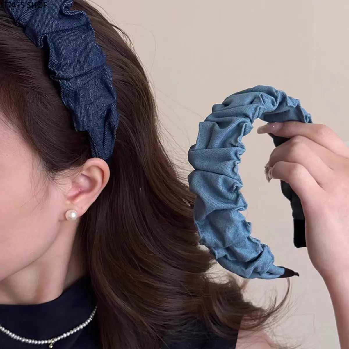 Women's 2026 New Korean Denim Pleated Wide Headband - Cranial Top, Daily Wear Hair Accessory with Denim Fabric, Pleated Look, Unisex Fit, Wide Band