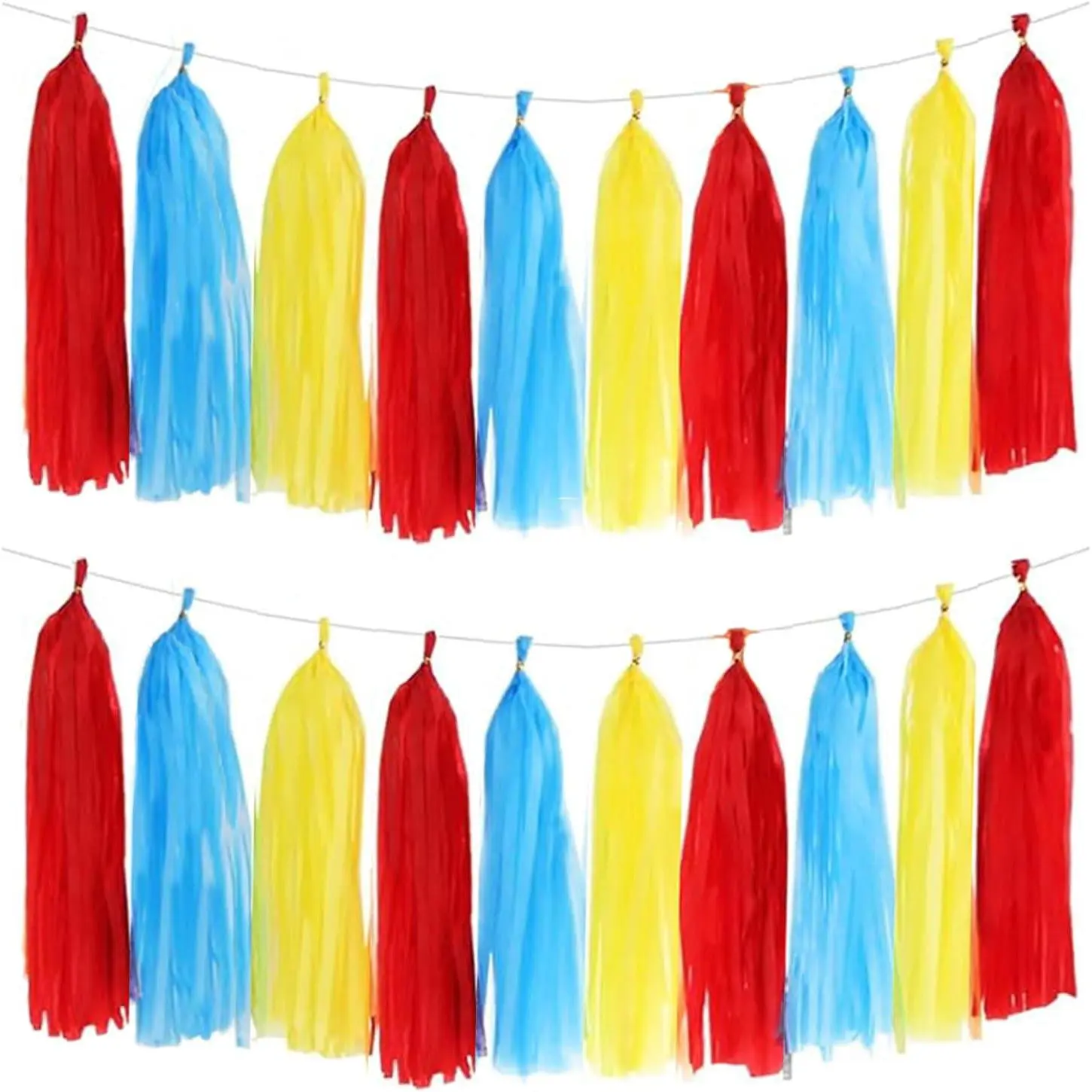 Red Blue and Yellow Tassel Garland Banner Paper Tassels for Party Decorations Pack of 15