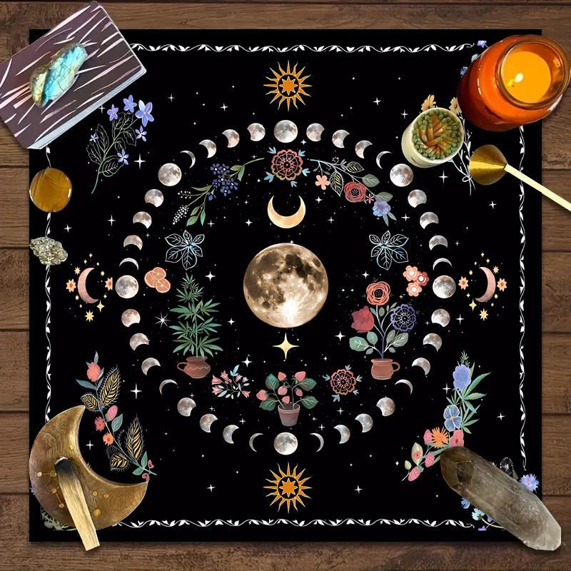 Ramadan Decorations Moon & Flower Pattern Tablecloth for Home Decor, Picnic Table Cover, 1 Count Eid Mubarak Decor Square Tarot Tablecloths, Kitchen Accessories Card Pad, Dressers Desktop Decorations, Moon Phases, Floral Designs