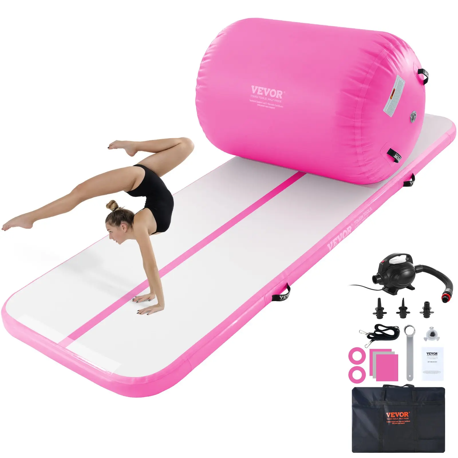 【DealsForYouDays】VEVOR Inflatable Gymnastics Air Mat Set, 2 PCS Tumbling Mat, Tumble Track with Electric Pump, Air Roller Barrel Gymnastics Equipment, Training Mats for Home Use/Gym/Yoga/Cheerleading/Beach/Park/Water