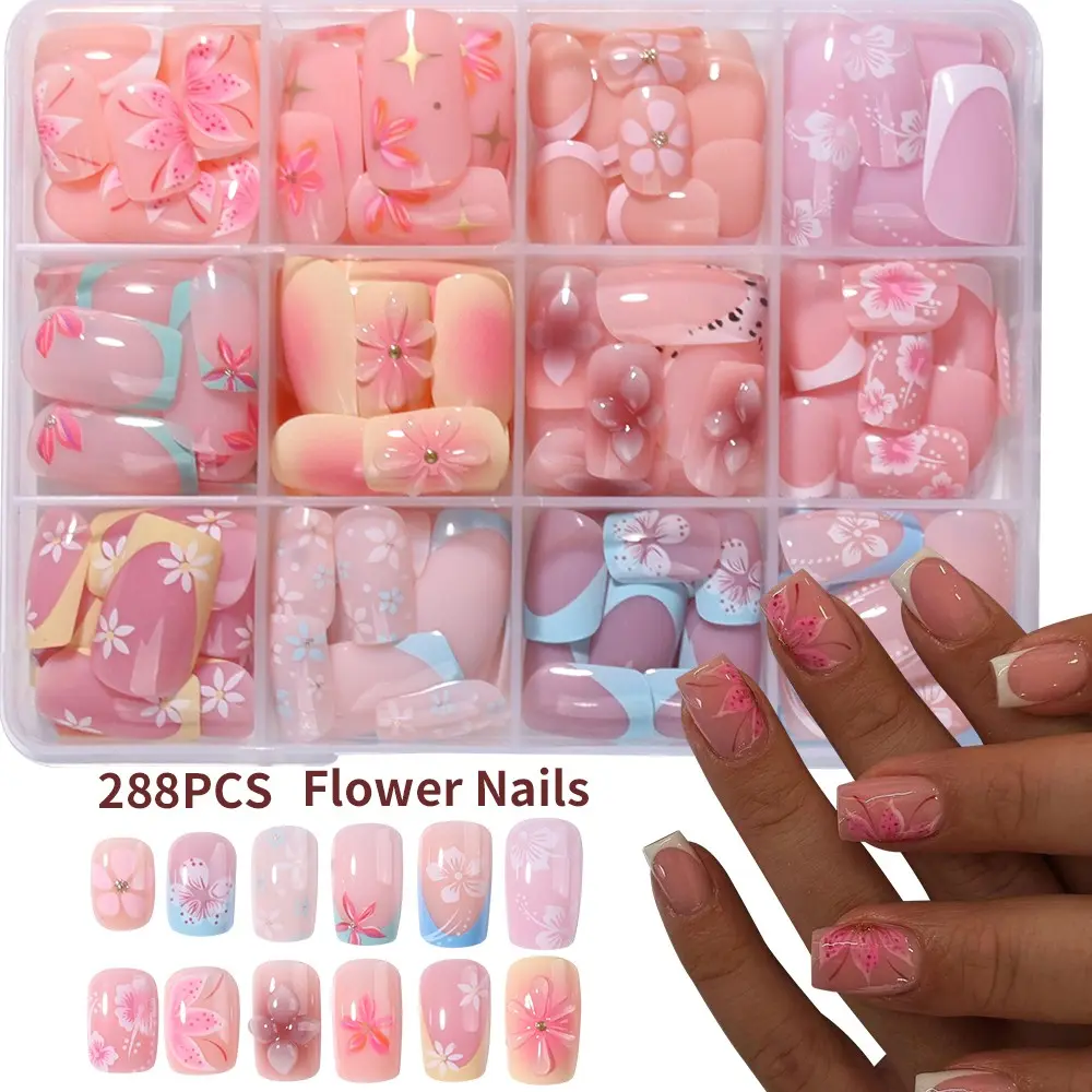 288pcs Multi-Color Floral French Short Square Press-On Nails, Medium Length, Acrylic Material, Perfect for Daily Use and Parties