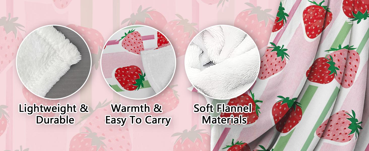 Pink Strawberry Flannel Throw Blanket, Fruit Red Green Stripes Birthday Gifts for Kids Girls Women Adults Teen, Spring Summer Soft Blankets for Bedding Sofa 50" x 60"