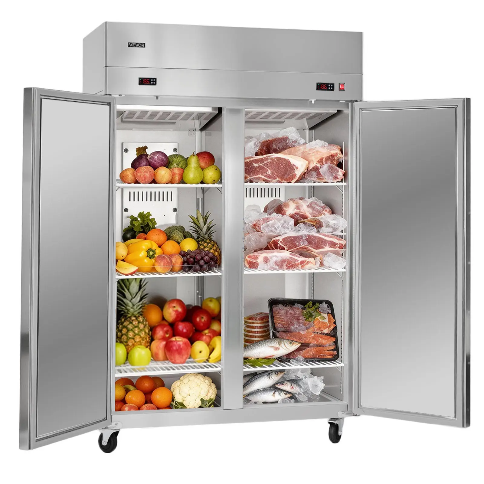 VEVOR Commercial Refrigerator and Freezer Combo, 31.89 in Width Reach In Upright-Freezer Double Door, 31.1 Cu. ft Auto-Defrost Stainless Steel Freezer with 8 Adjustable Shelves, LED Light, 4 Wheels
