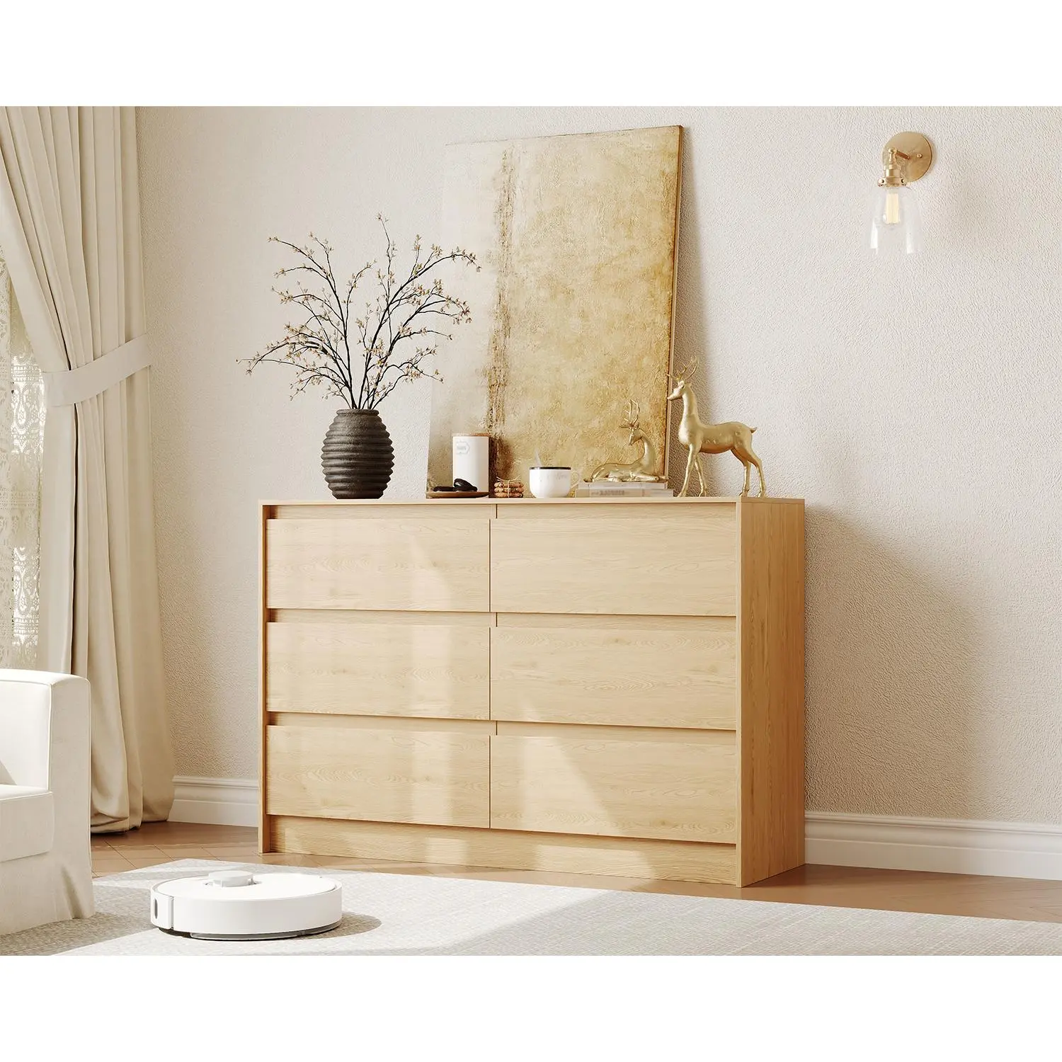 6 Drawers Dresser, 47" Wide Wood Chests of Drawers with Handle-less Design Design, Wooden Storage Organizer Cabinet for Bedroom,Living Room,Home,Farmhouse