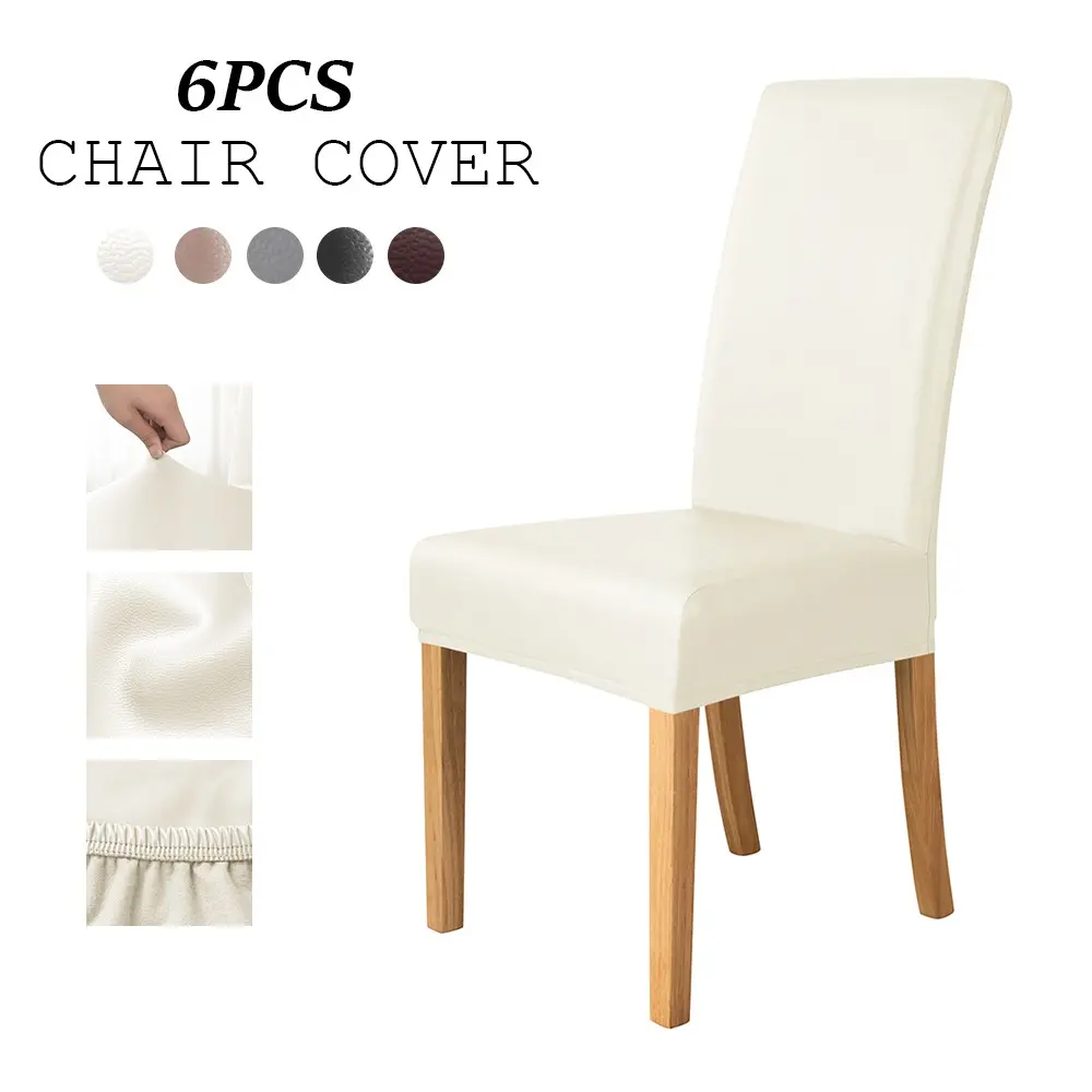 6PCS of PU Leather Seat Covers Solid Color Stretch Chair Covers Waterproof and Oil-proof Universal Home Seat Protective Cover for Office Kitchen Home Use Dining Chair Slipcovers