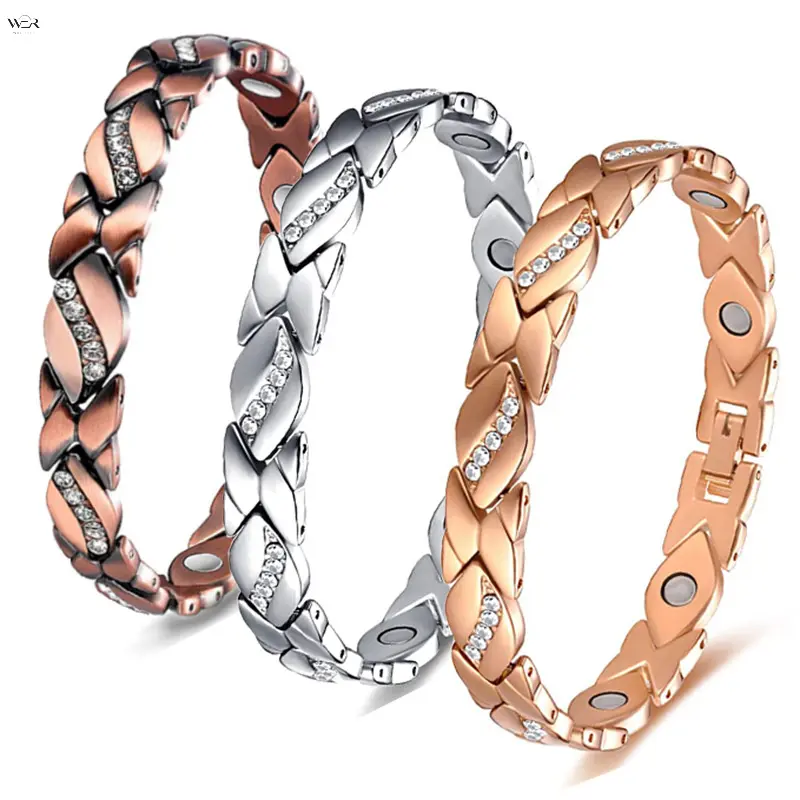Women Leaf Shape Magnetic Therapy Bracelet, Shiny Rhinestone Inlaid Copper Link Bracelet, Adjustable Health Magnet Wristband Jewelry Gift for Ladies, 4 Colors & Size Adjust Tool Included