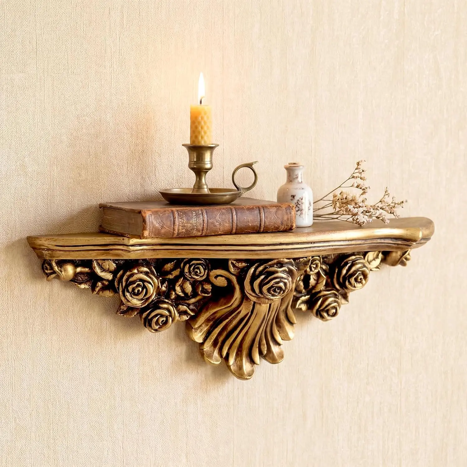 17" Vintage Antique Gold Floating Wall Shelf, Large Fleur De Lis Victorian Baroque Decorative Ledge, Gothic Wall Decor for Living Room, Bedroom & Entryway, French Country Resin Shelves