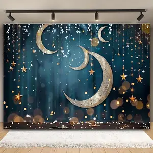1 piece of elegant dark blue and gold starry sky party backdrop - no power needed for spotlight decoration, crescent moon and star stage banner suitable for weddings, birthdays, Christmas, New Year - indoor/outdoor photo booth decoration, durable polyeste