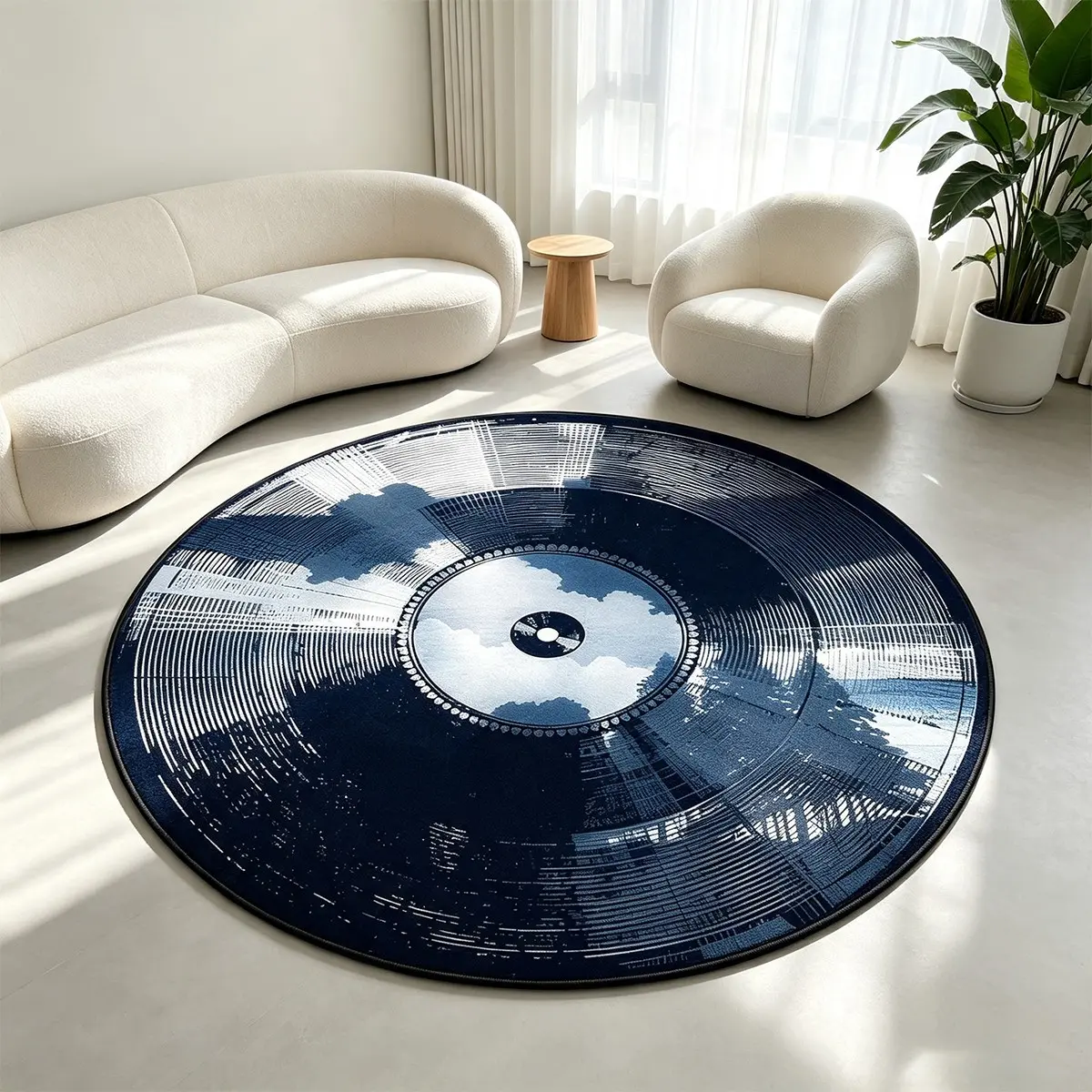 Round Blue Record Rug, Tie-Dye Ink Design, Non-Slip Living Room Carpet, Bohemian Home Decor, Bedroom Mat, Christmas Gift, Indoor Use