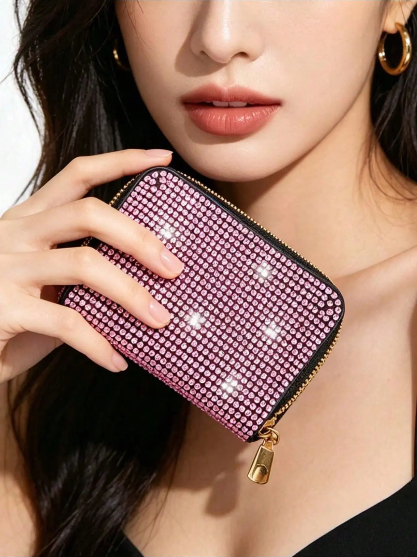 Shiny rhinestone accordion cardholder, zippered credit card wallet, stylish high-value wallet, women's multi-slot card organizer, sparkling card case for bank cards and ID, back-to-school and travel essentials