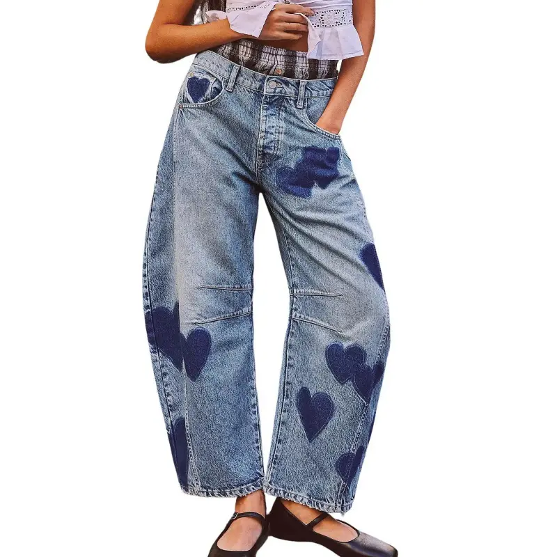 Women's Barrel Jeans - Wide Leg, Distressed, Horseshoe Printed Boyfriend Denim Pants with Baggy Bottom for Streetwear