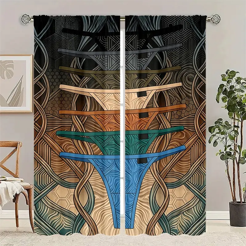 2PCS artistic multi-colored thong pattern curtains, vintage winding lines, atmosphere-creating bedroom, living room, dining room finished curtains, semi-opaque polyester material