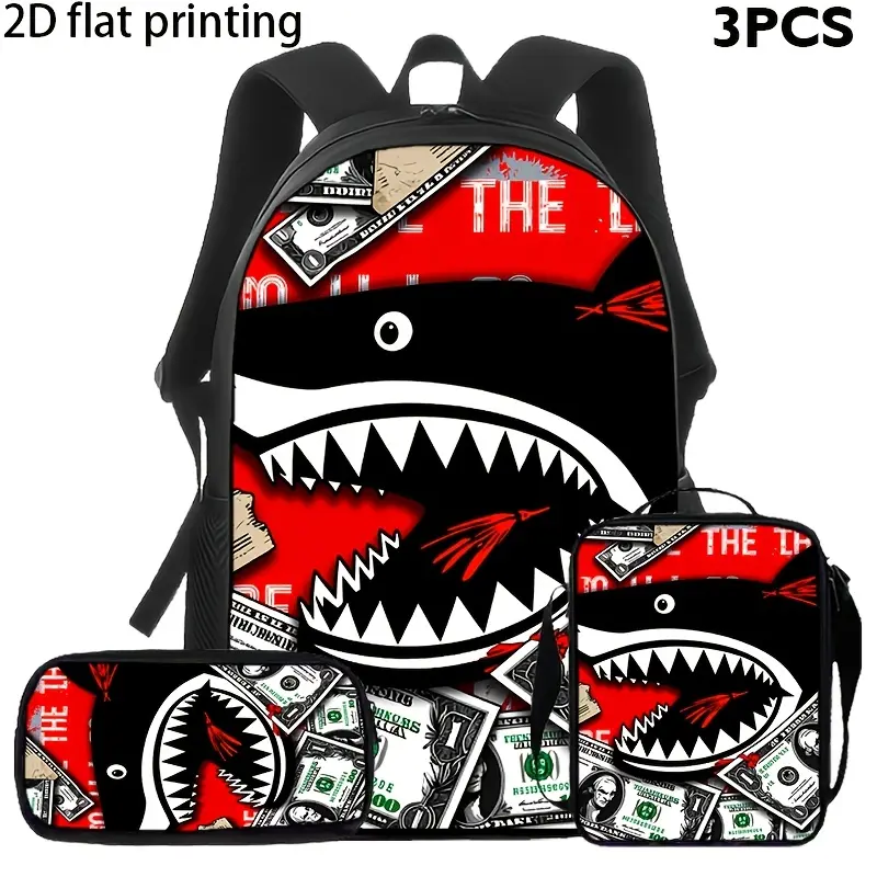 Red Shark Mouth 3-Piece Backpack Set, Street Art Money Collage School Bookbag with Matching Lunch Bag and Pencil Case, Graffiti Backpack for Kids Teens, Travel Gift, Urban Art Daypack Gift