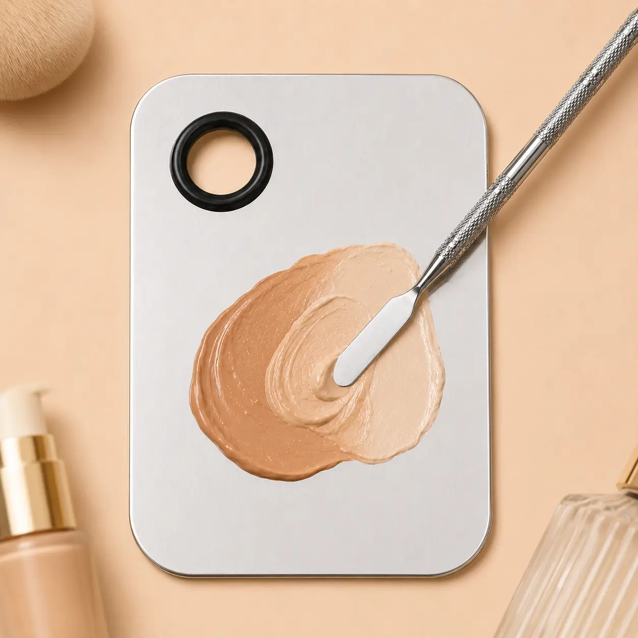 2PCS Makeup Mixing Palette and Spatula Set, Stainless Steel Foundation Mixing Palette with Thumb Grip for Concealer, Lipstick and Cosmetics