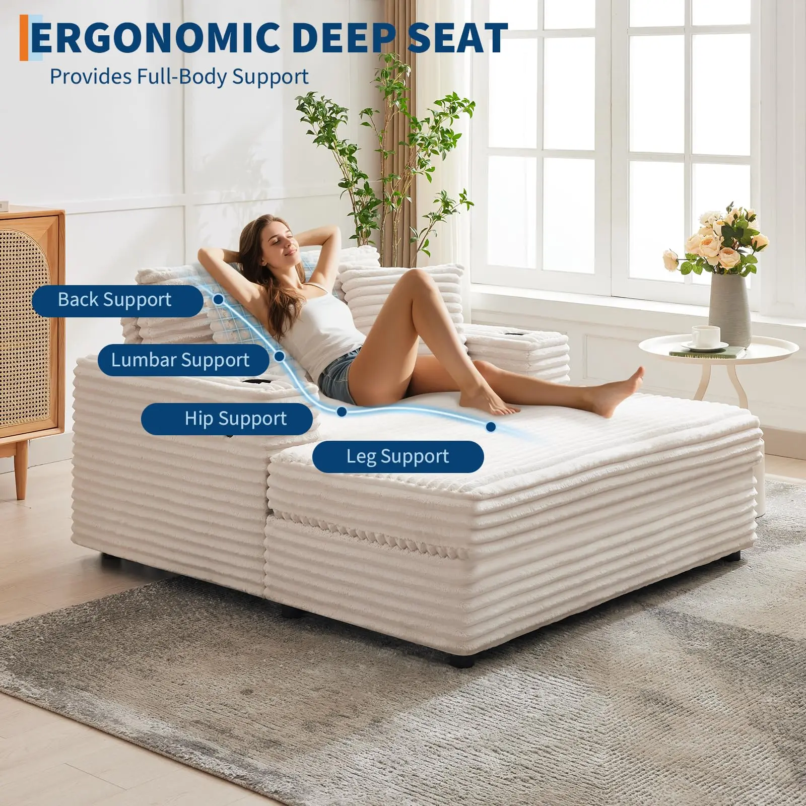 Extra Large Chaise Lounge Sofa with USB Charging Ports and Cup Holders, Comfortable Corduroy Fabric Sleeper Couch for Family Room and Apartments, Includes Decorative Pillows