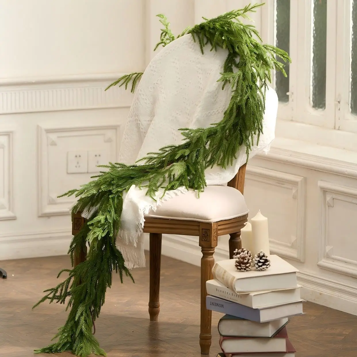 12feet Christmas Garlands, Norfolk Pine Garland for Mantle and Staircase, Real Touch Artificial Faux Greenery, Holiday Decor