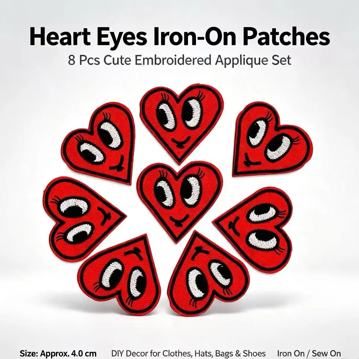 8 Large Eye Heart Pattern Iron-On Embroidery Patches - Fun Design - Easy to sew or iron, durable fabric patches suitable for personalizing jackets, bags, and more