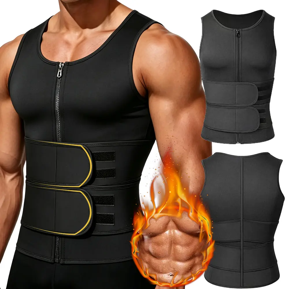Men Neoprene Sauna Zipper Waist Trainer Vest, Double Belt Body Shaper Trimmer Tank Top, Gym Fitness Sports Compression Workout Body Shaping Apparel