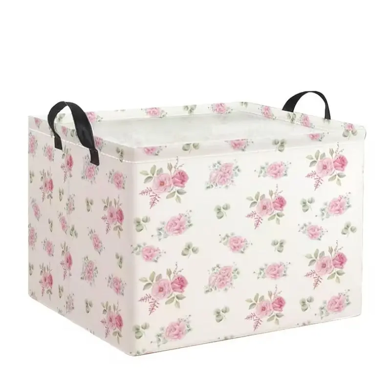 1pc, Foldable Pink Rose Storage Basket with Handle - Elegant Laundry Box, Collapsible Suitable for Bedroom,, Bathroom, Portable Basket for Clothes,, Blankets