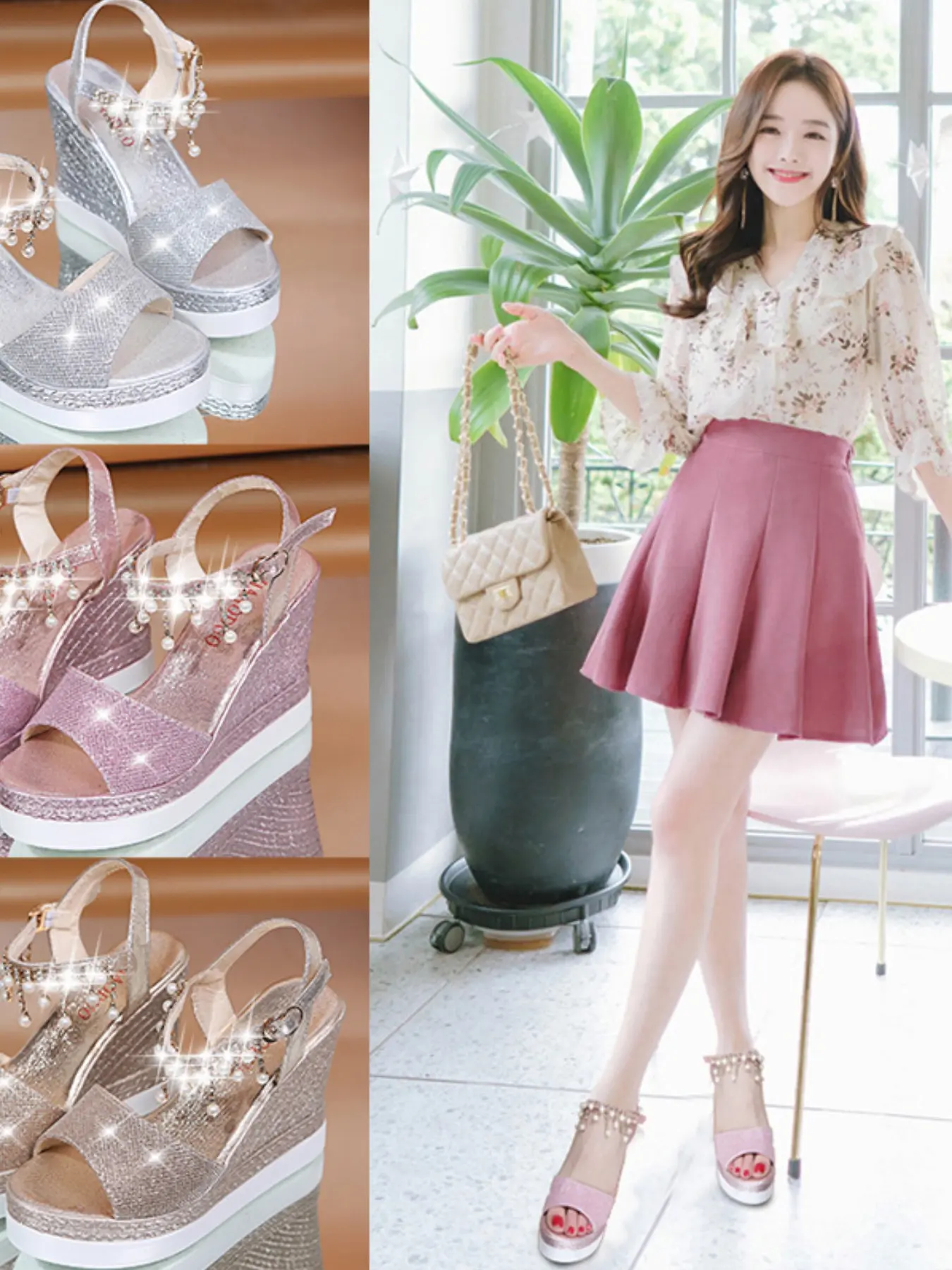 Women's Summer Flat Sandals, Sparkly Sequin Fabric with Pearl Decor, Open-Toe Buckle Design, Roman Heel Style, New Arrival