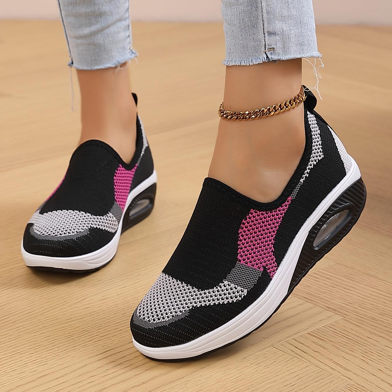 Women's Lightweight Knit Sneakers - Air Cushion, Breathable, Comfortable for All-Season Casual Running (Black/Pink/Gray)