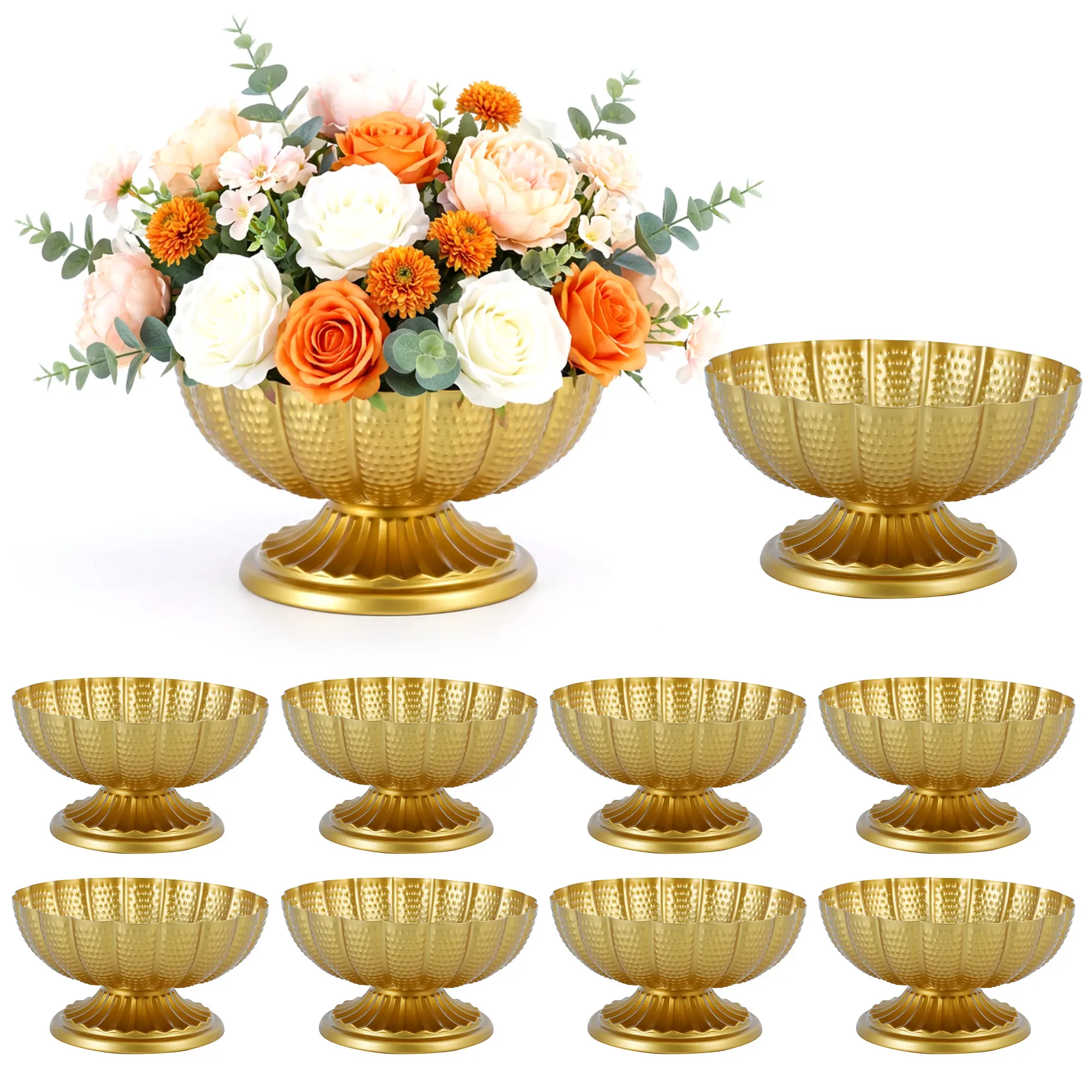 Gold Metal Pedestal Vases Set - 10 Pcs Small Decorative Compote Flower Urns - Detachable Bowls for Wedding Centerpieces, Anniversary, Dining Table, Home Decor - Wide Opening - French Gold