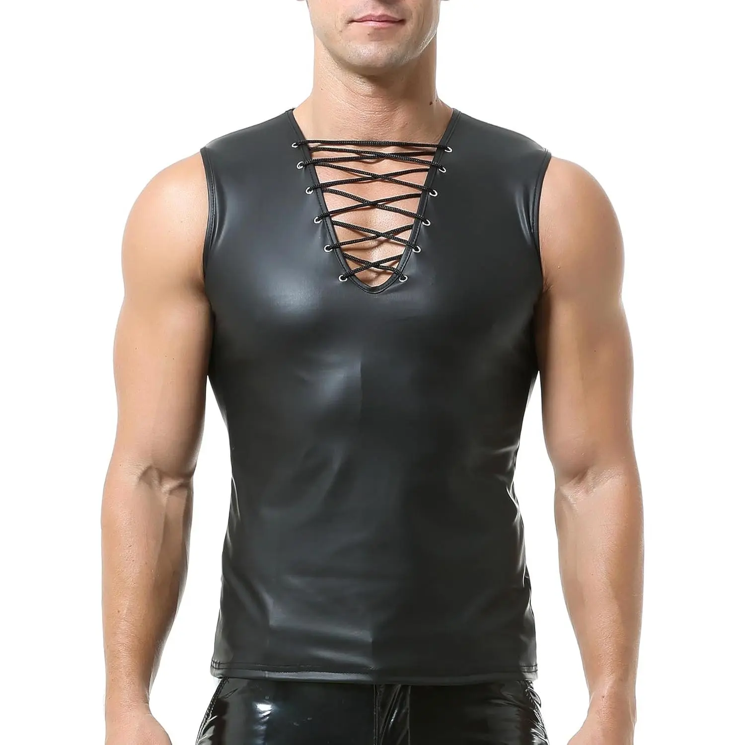 QiaTi Men's Faux Leather Undershirt Wetlook Tank Top Shirt Chest Sleeveless Vest Muscle for Men Club
