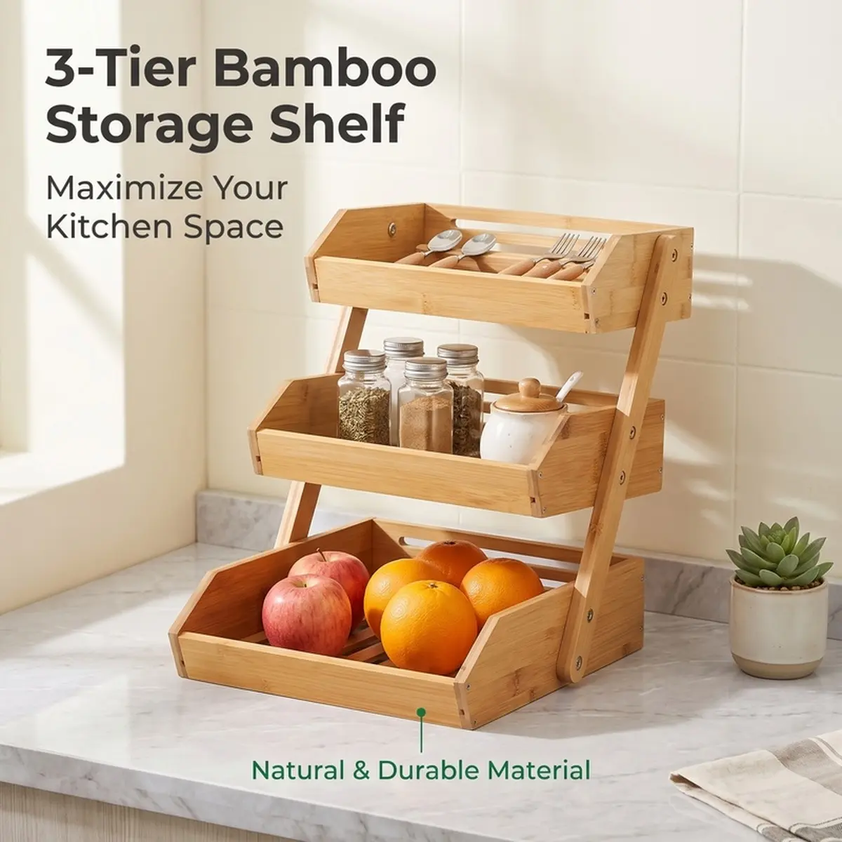 Natural Wood Solid Bamboo 3-Tier Compact Shelf, Functional Multi-Tiered Kitchen Countertop Organizer Rack for Fruit, Vegetables, Small Utensils, Functional Rack, Fruit/Utensil
