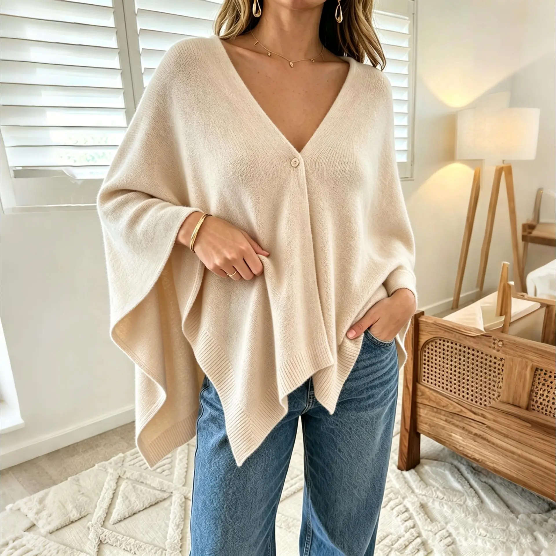 2026 New Minimalist V-Neck Single-Button Knit Cape Scarf - Long-Sleeve Batwing Knitwear, Basic Casual Versatile Outer Layer, Multiple Colors Available, Casual Wear, Comfortable Layer, One Size