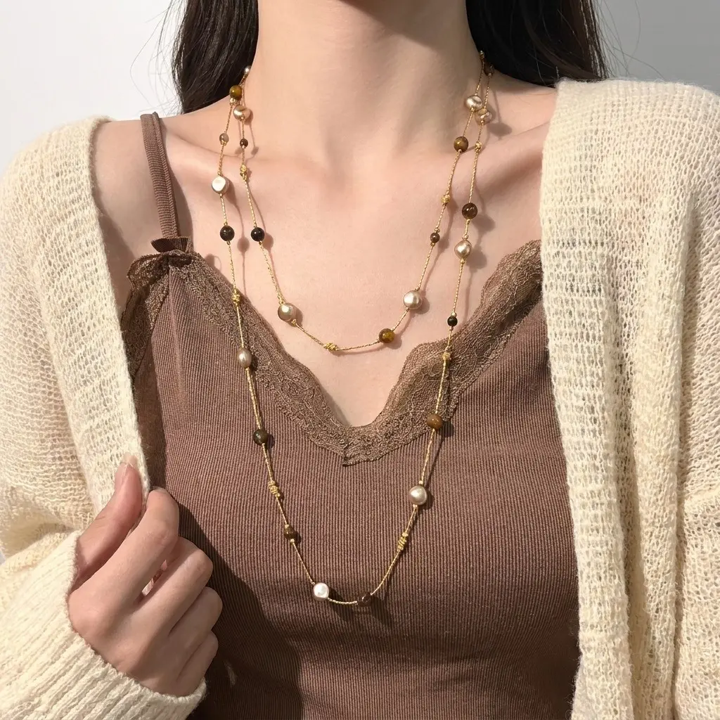 Vintage Pearl Sweater Chain Necklace, Layered Multi-Strand Long Necklace for Women, Y2K Retro Fashion Jewelry, Statement Pearl Necklace for Sweaters, Dresses, Casual Outfits & Everyday Wear