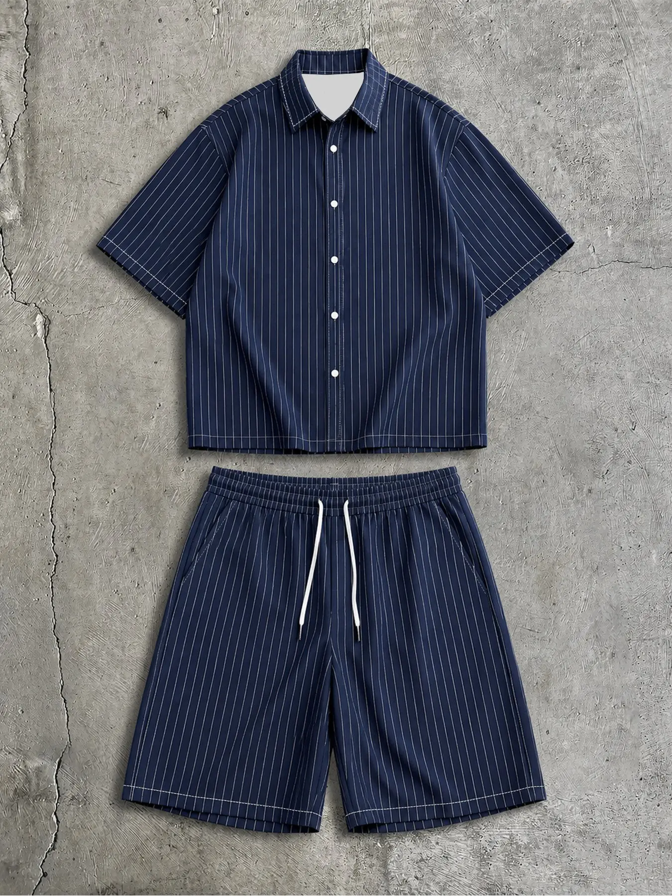 Men's Striped Two-Piece Set, Casual Short Sleeve Button Shirt & Drawstring Shorts, Cleanfit Deep Blue, Summer Streetwear Fashion