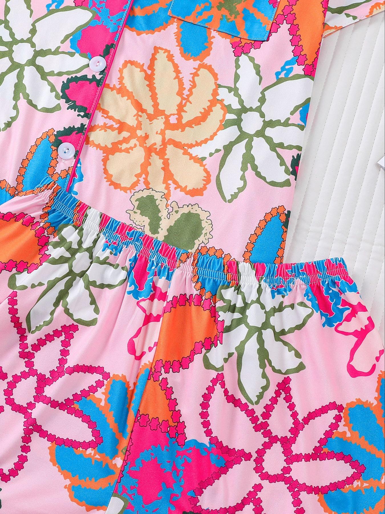 Women's Leopard Print Cherry Bow Sleepwear Pajama Set, Short Sleeve Shirt Collar Button Soft Top & Elastic Shorts, Casual Home Wear