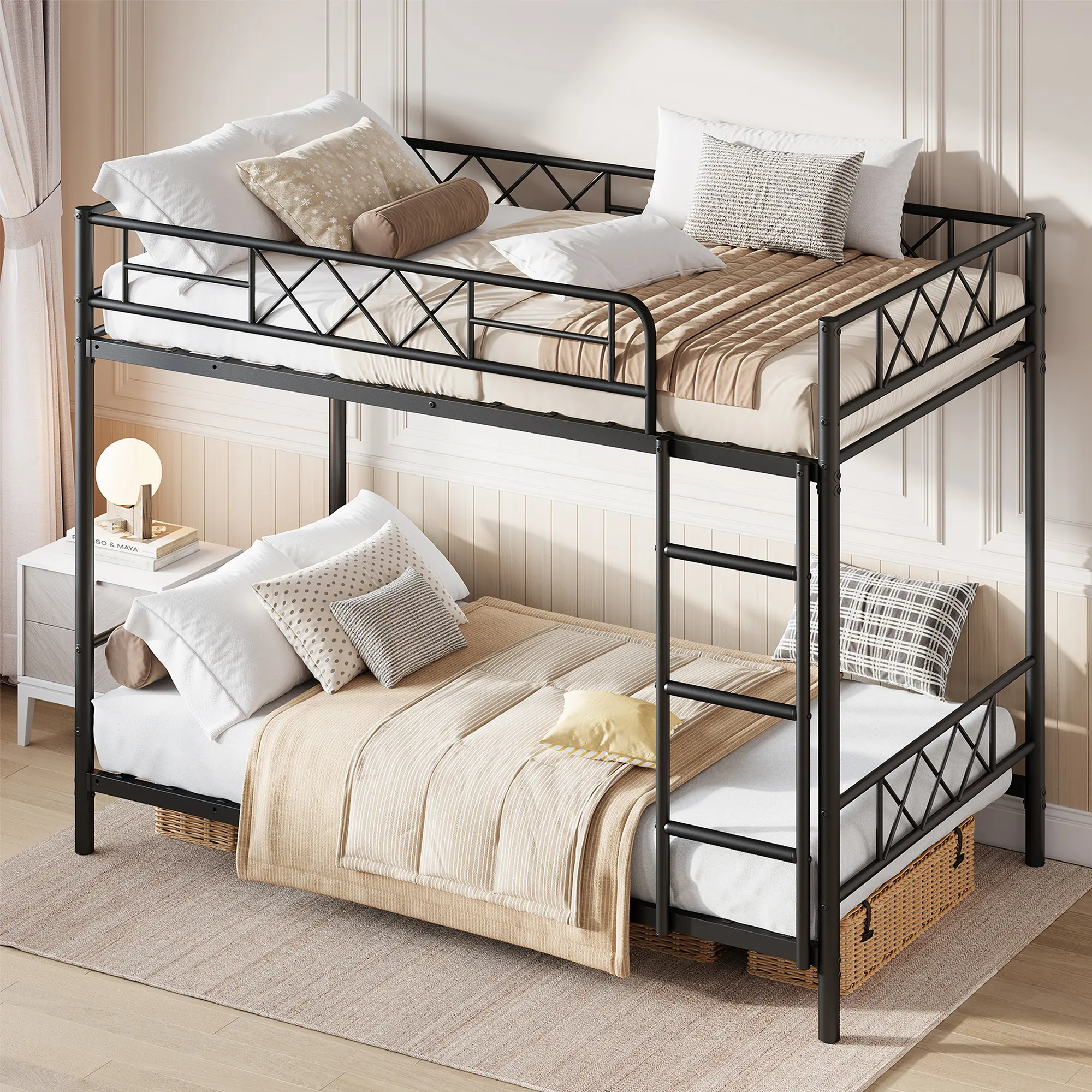 Twin Over Twin Black Metal Bunk Bed with Stairs, Safety Guardrail & Sturdy Steel Frame, No Box Spring