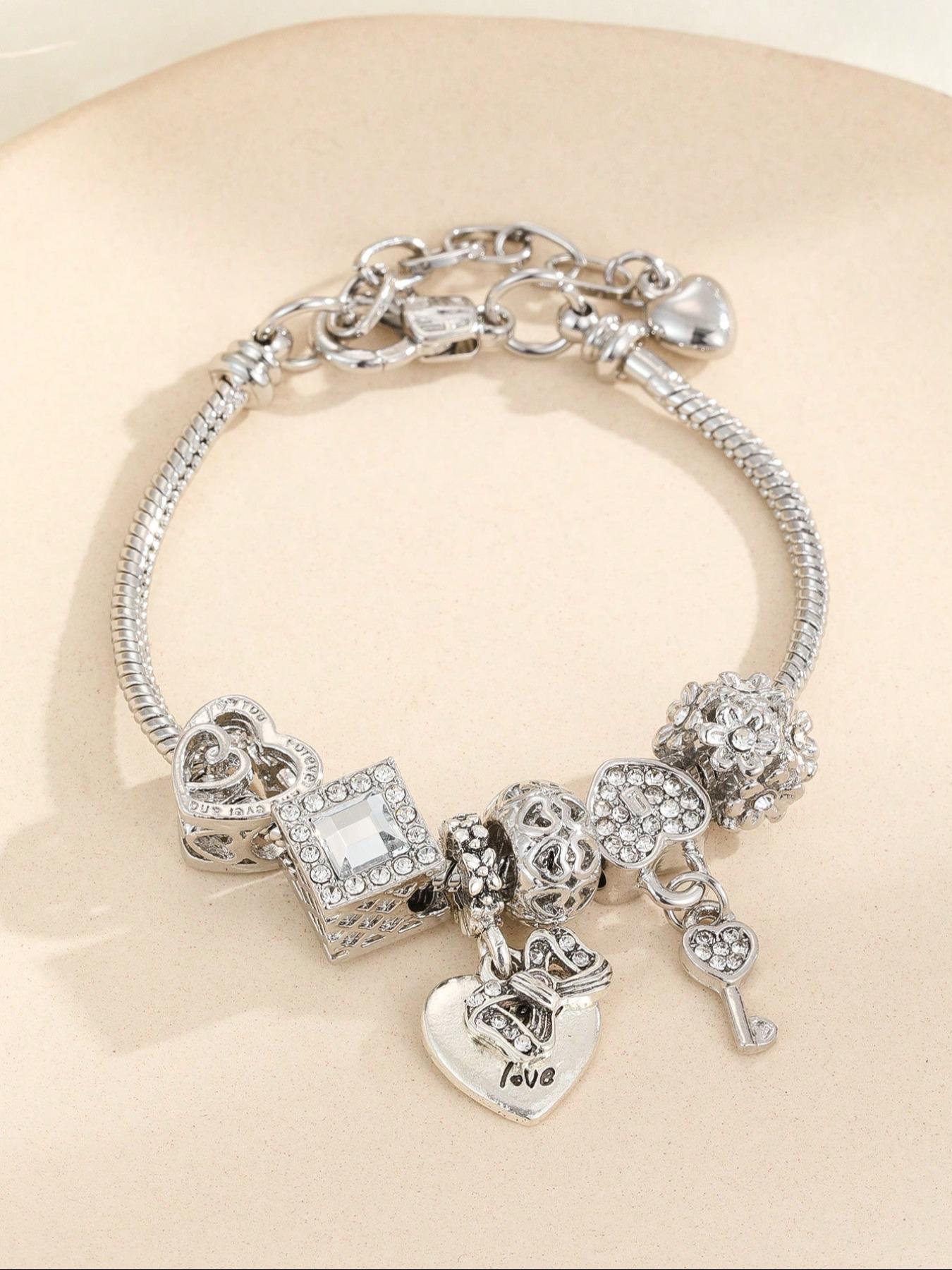Rhinestone Decorated Heart  Beads Charm Bracelet, Fashion Diy Bangles/bracelets for Girls/women for Daily Decoration, Heart Shaped Bracelet, Diy Forever Bracelets