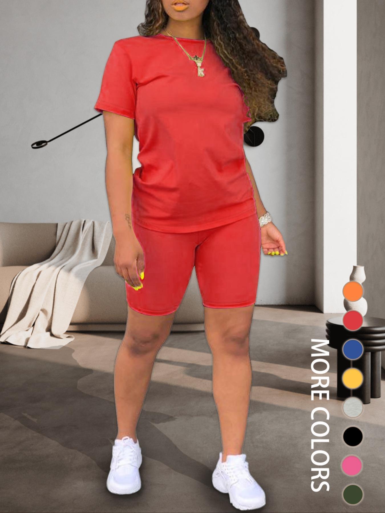 Two-piece Set Women's Fitted Plain Round Neck Tee & Skinny Shorts Set, Summer Clothes Women, Short Sleeve Crew Neck T-shirt & Shorts, Casual Summer Clothes for Outdoor, Cute Summer Outfit Two-piece Set Women's Fitted Plain Round Neck Tee & Skinny Shorts Set, Summer Clothes Women, Short Sleeve Crew Neck T-shirt & Shorts, Casual Summer Clothes for Outdoor, Cute Summer Outfit
