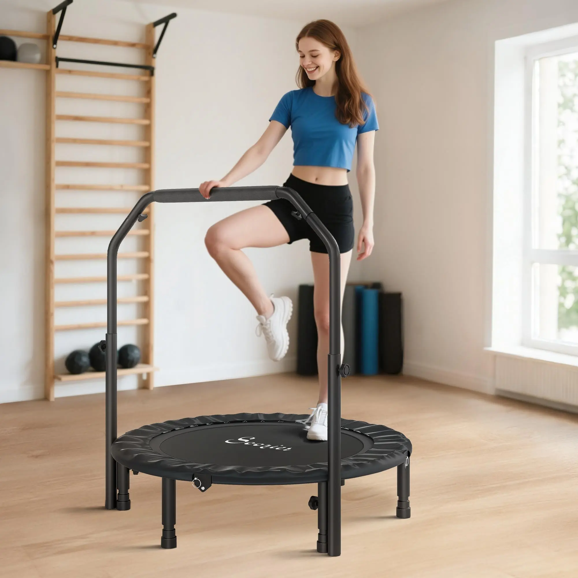 Soozier 40 in Foldable Mini Trampoline for Adults, Compact Indoor Fitness Rebounder with Adjustable Foam Handlebar, Low-Impact Cardio Home Gym Equipment, Black