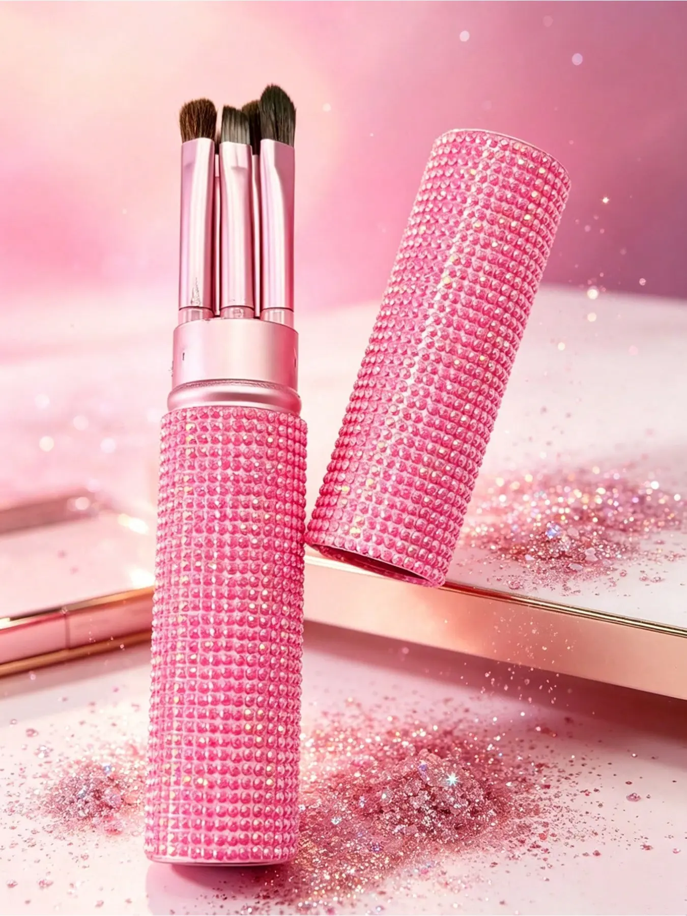 Rhinestone Makeup Brush Set Soft fiber brushes with portable aluminum storage tube, including foundation, blush, contour and eye shadow brushes. Ideal for daily makeup, travel and salon use.