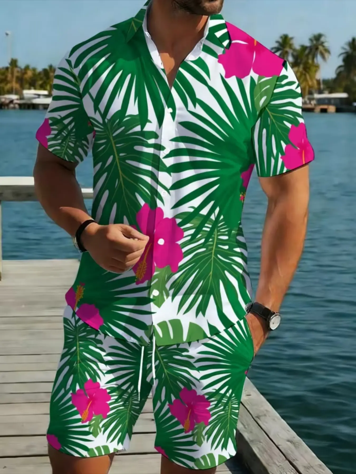 Men's Tropical Print Short Sleeve Shirt and Shorts Set, Lightweight Summer Beachwear, Comfortable Outdoor Clothing, Palm Leaf Pattern