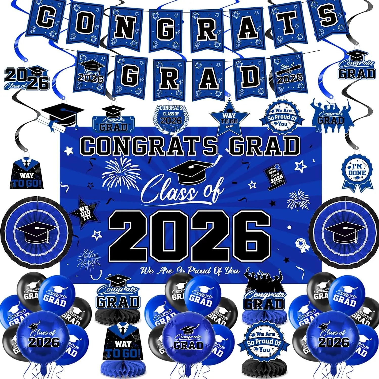 Graduation Decorations 2026-Blue and Black Graduation Party Decorations Supplies Class of 2026 with Graduation Banner, Backdrop, Balloons, Centerpieces,  Swirl for Grad Party